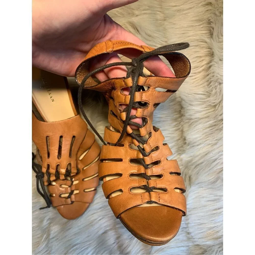 Cole Haan Light Brown Leather lace up wedge sandals Size 9B Womens Shoes Gladiat